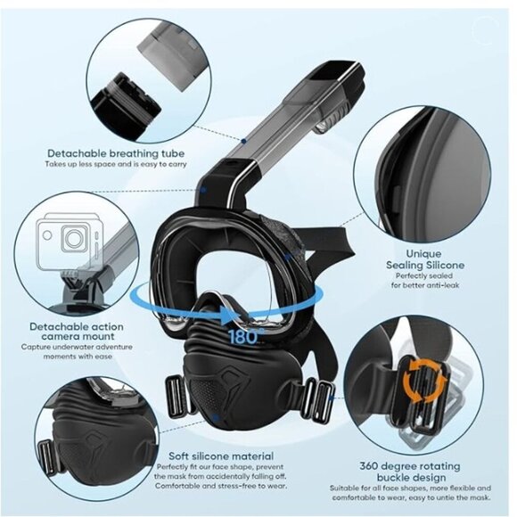 Adult Full Face Snorkel Mask with Detachable Camera Mount and Dry Top Breathing - Picture 1 of 9